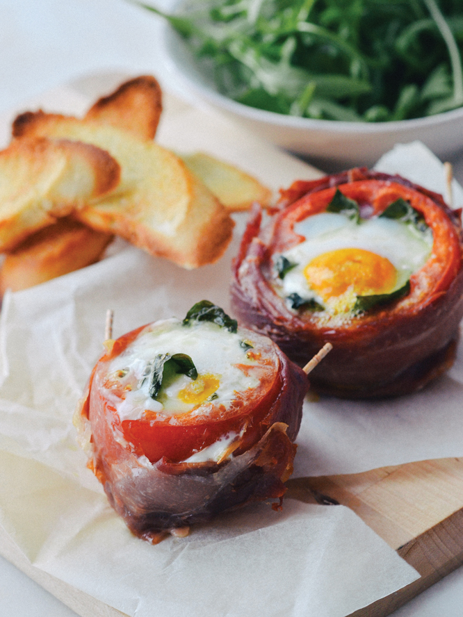 Egg-Stuffed Tomatoes with Pancetta and basil